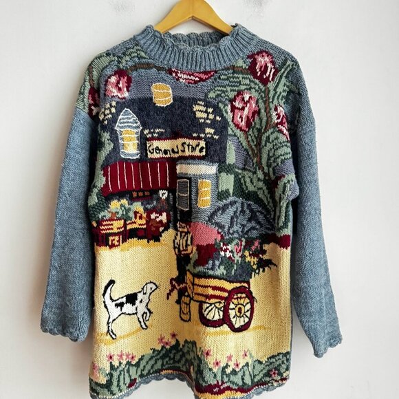 Climax Sweaters - Vintage Climax Ramie Cotton Blend "General Store" Motif Sweater L